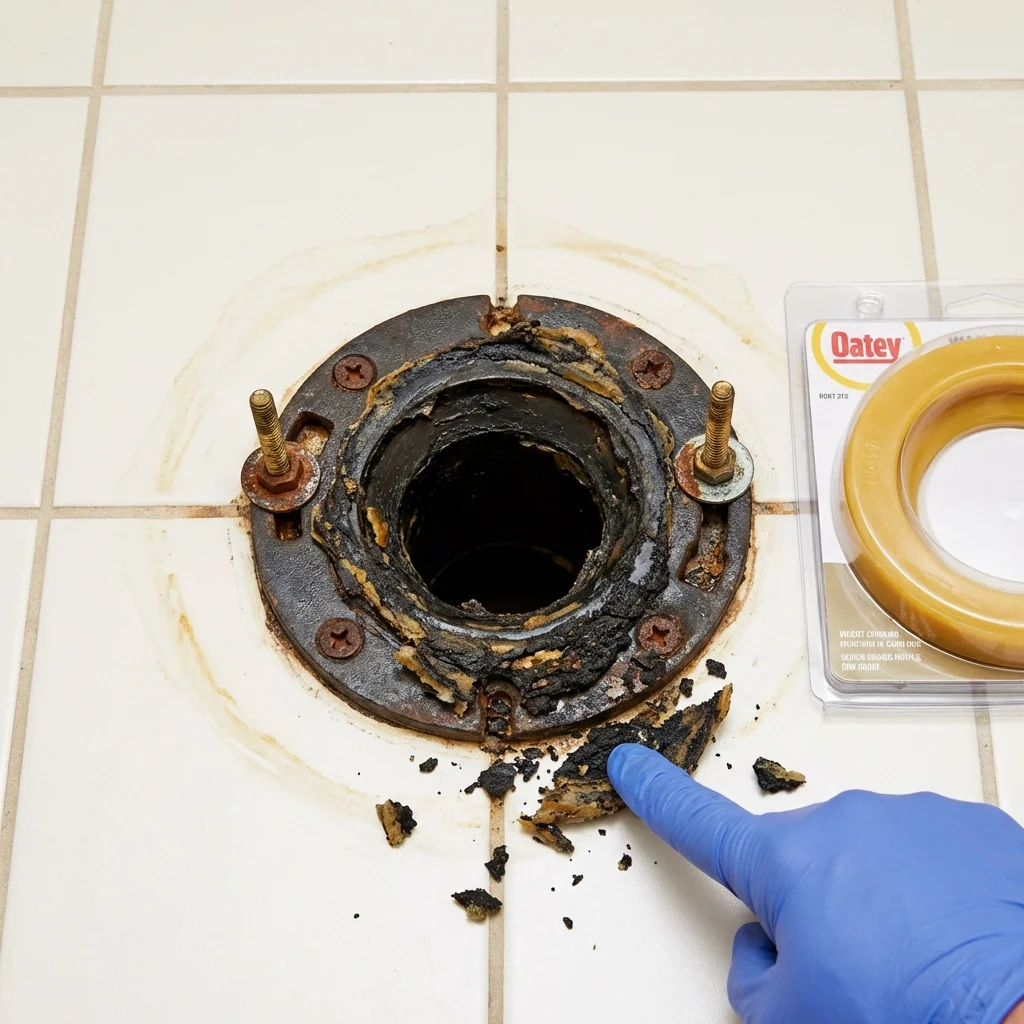 Failed wax ring showing water seepage at the base of a toilet in a Graham, NC home