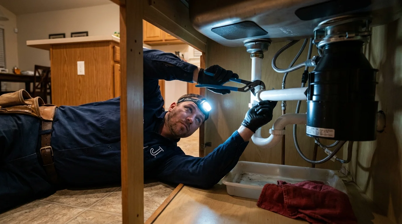 P-trap and supply line connections under a kitchen sink showing a common leak point in Graham, NC